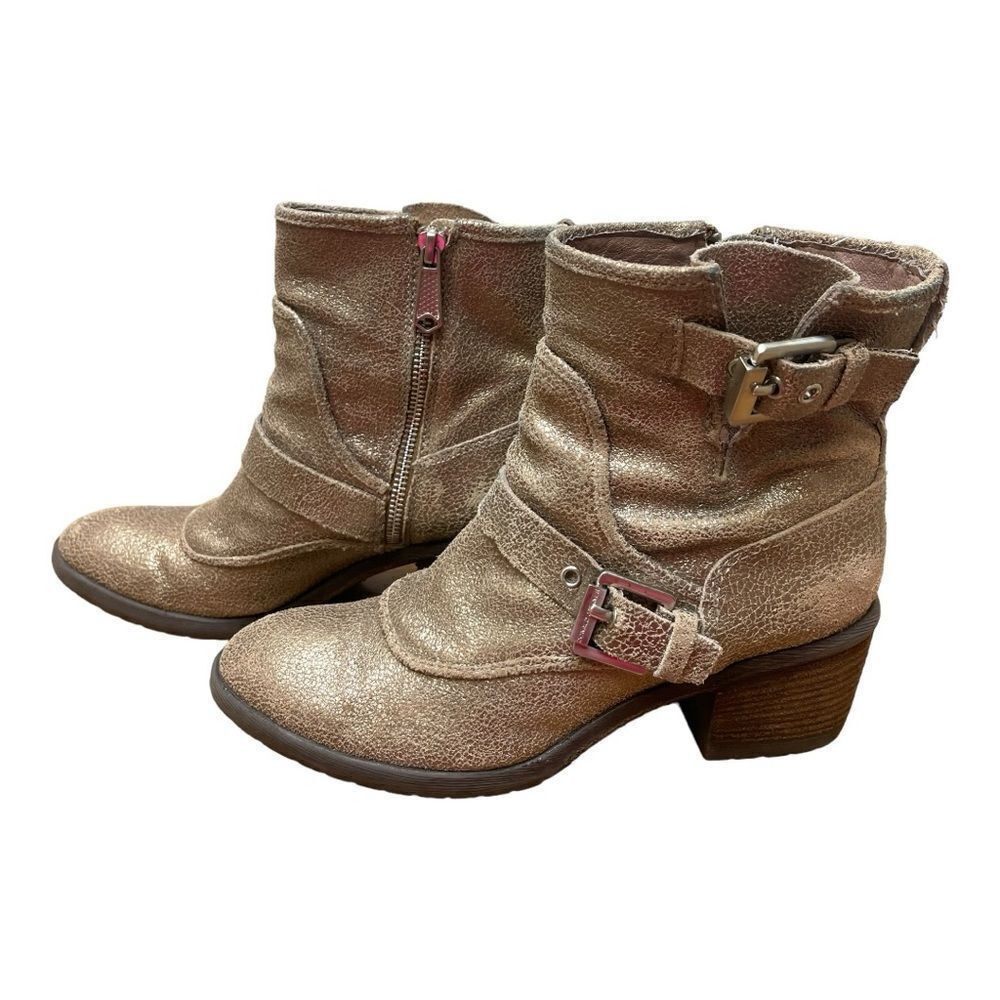 Donald Pliner Sz 7.5 Leather Gold Glitter Buckle Ankle Delta Boots Feminine